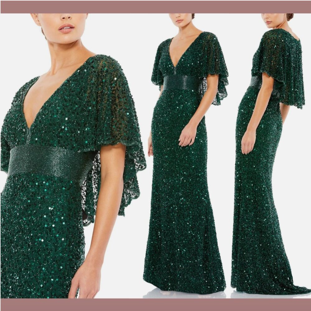 NWT $698 Mac Duggal‎ [ 4 ] Sequined V Neck Cape Sleeve Beaded Gown Green #Q745